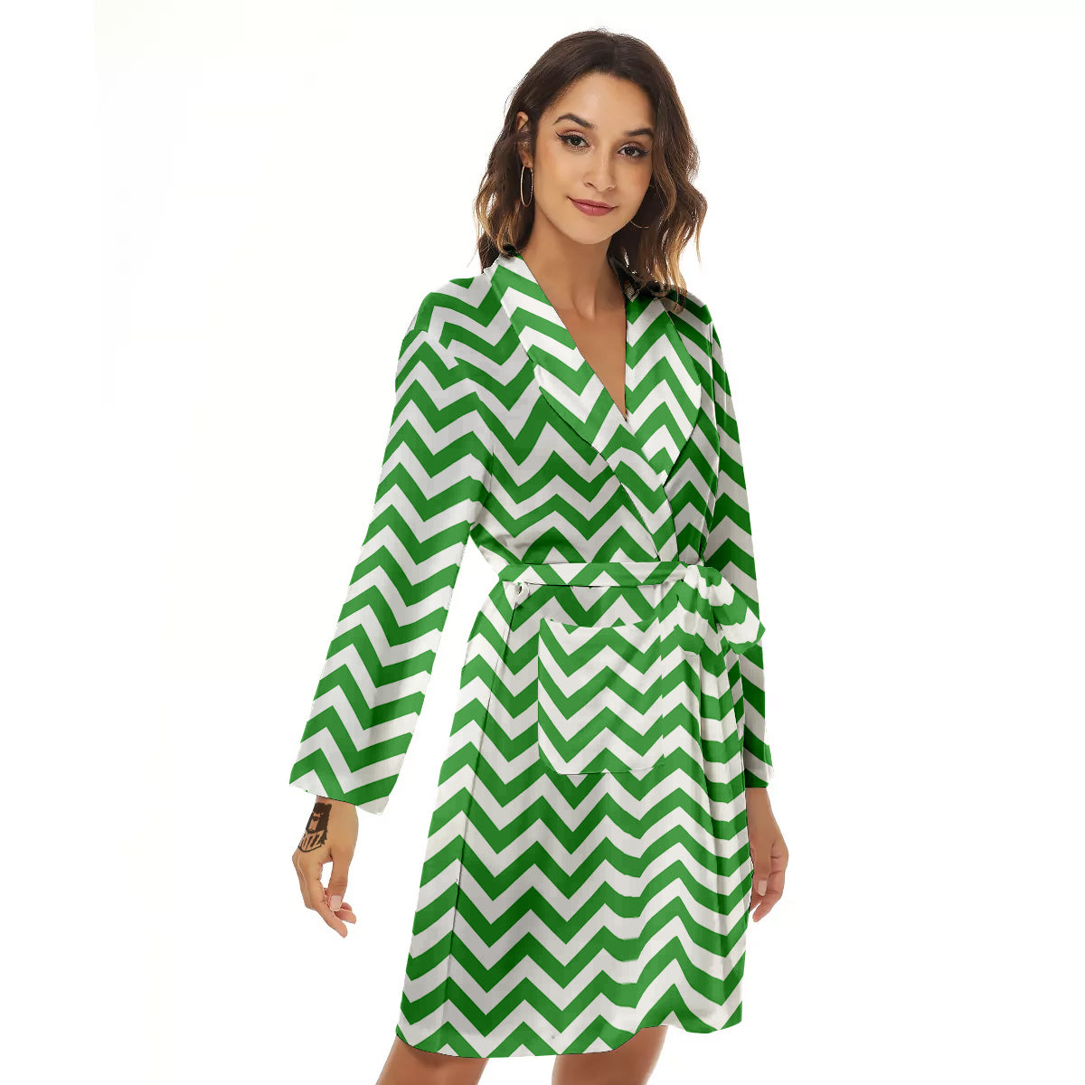 Green Zigzag Print Pattern Women's Robe-grizzshop