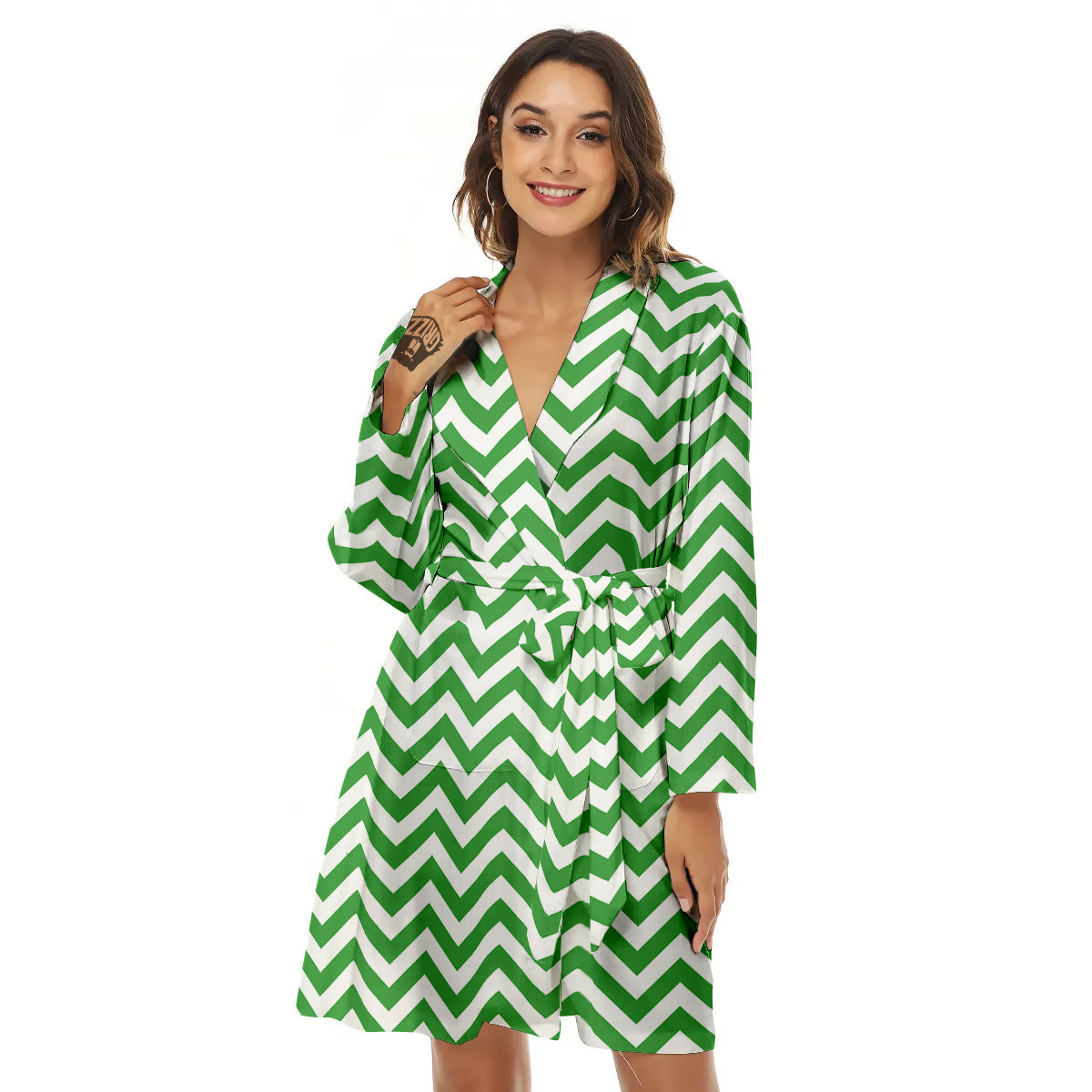 Green Zigzag Print Pattern Women's Robe-grizzshop