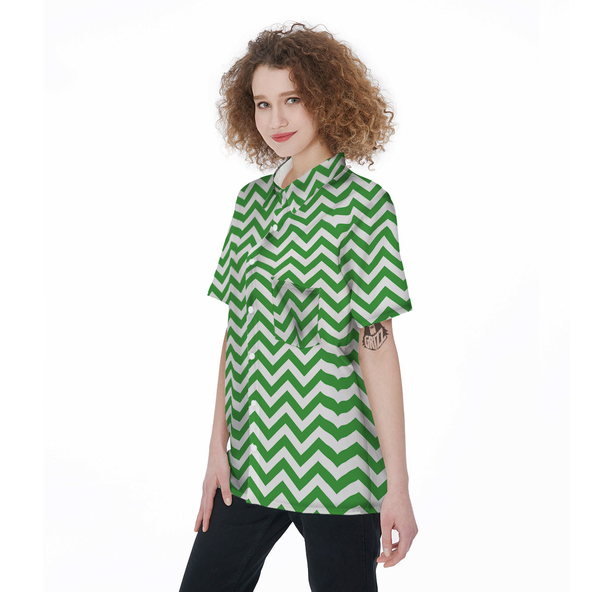 Green Zigzag Print Pattern Women's Short Sleeve Shirts-grizzshop