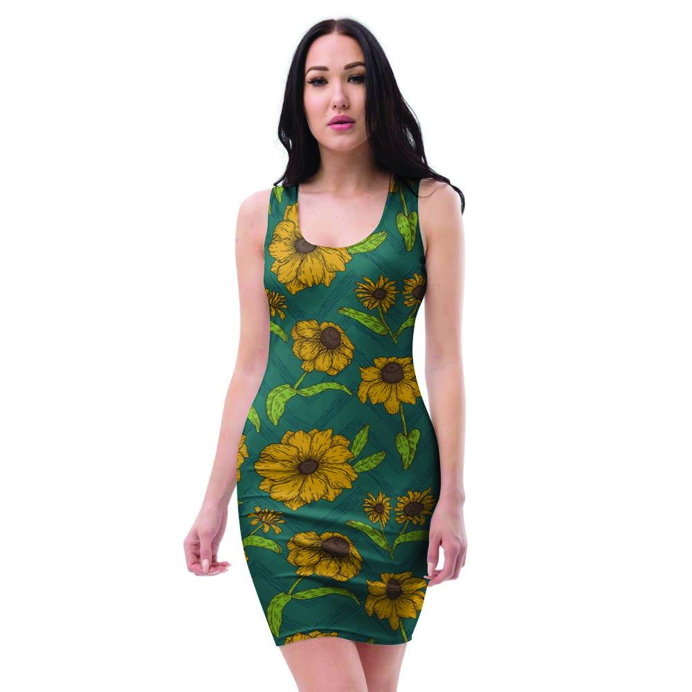 Green Zigzag Sunflower Bodycon Dress-grizzshop