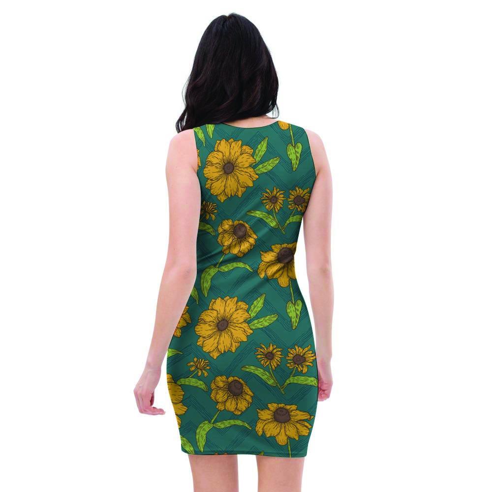 Green Zigzag Sunflower Bodycon Dress-grizzshop