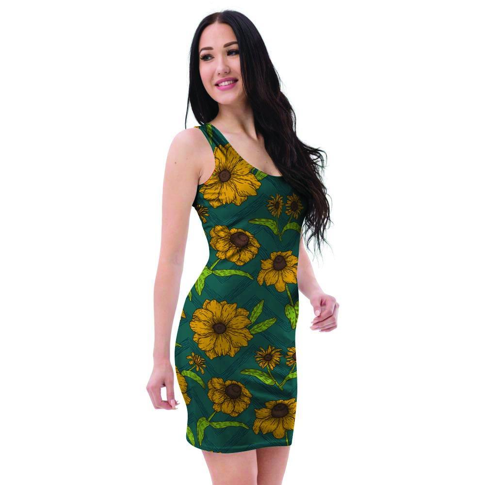 Green Zigzag Sunflower Bodycon Dress-grizzshop