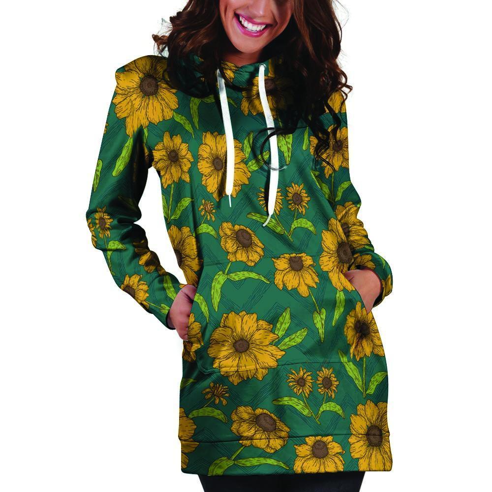 Green Zigzag Sunflower Hoodie Dress-grizzshop