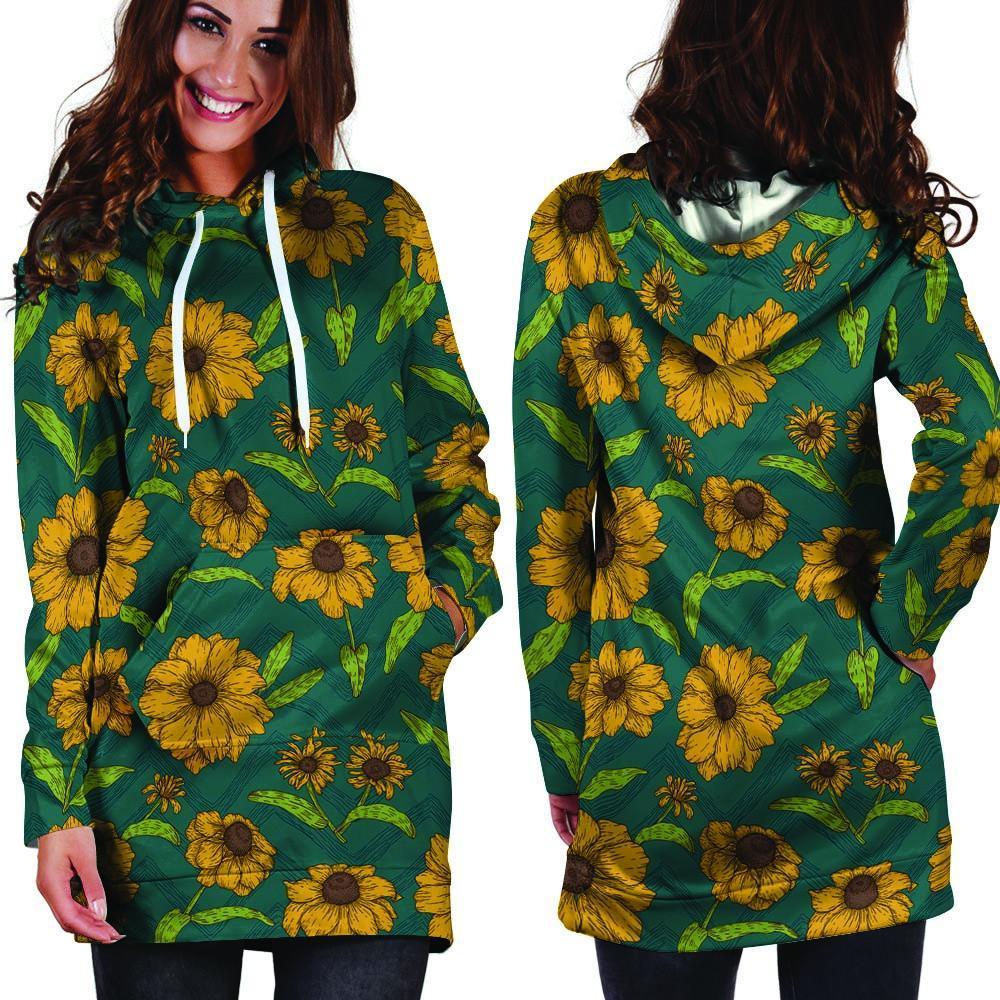 Green Zigzag Sunflower Hoodie Dress-grizzshop