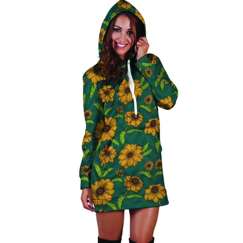 Green Zigzag Sunflower Hoodie Dress-grizzshop