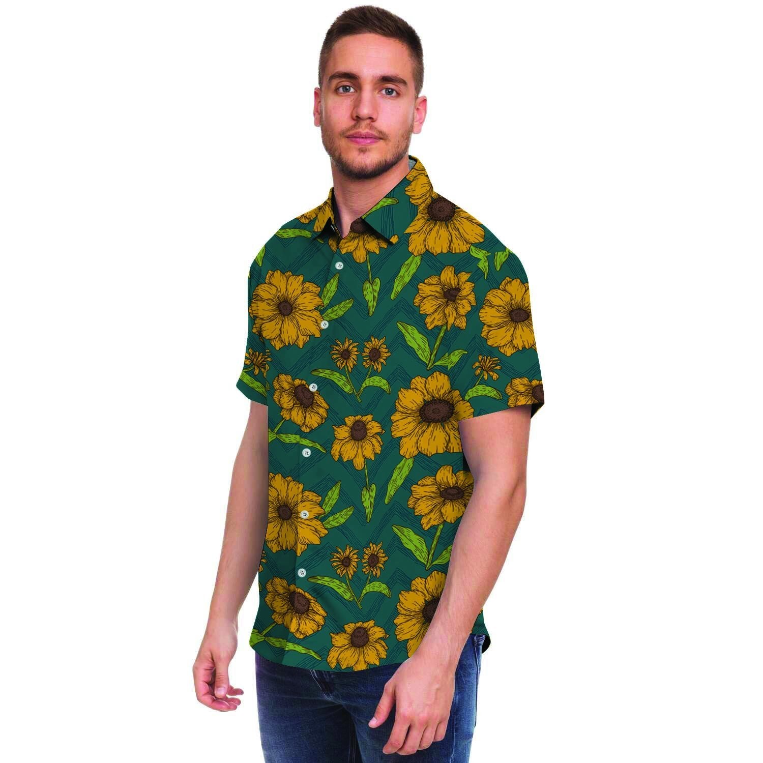 Green Zigzag Sunflower Men's Short Sleeve Shirt-grizzshop