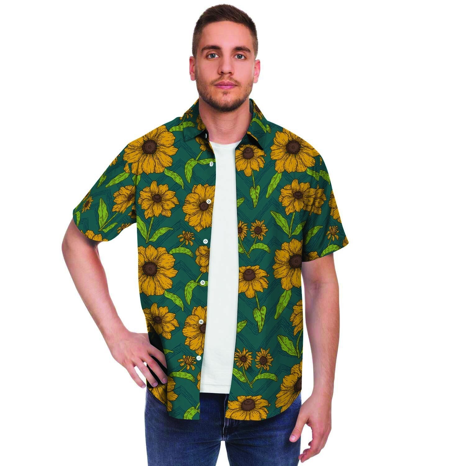 Green Zigzag Sunflower Men's Short Sleeve Shirt-grizzshop