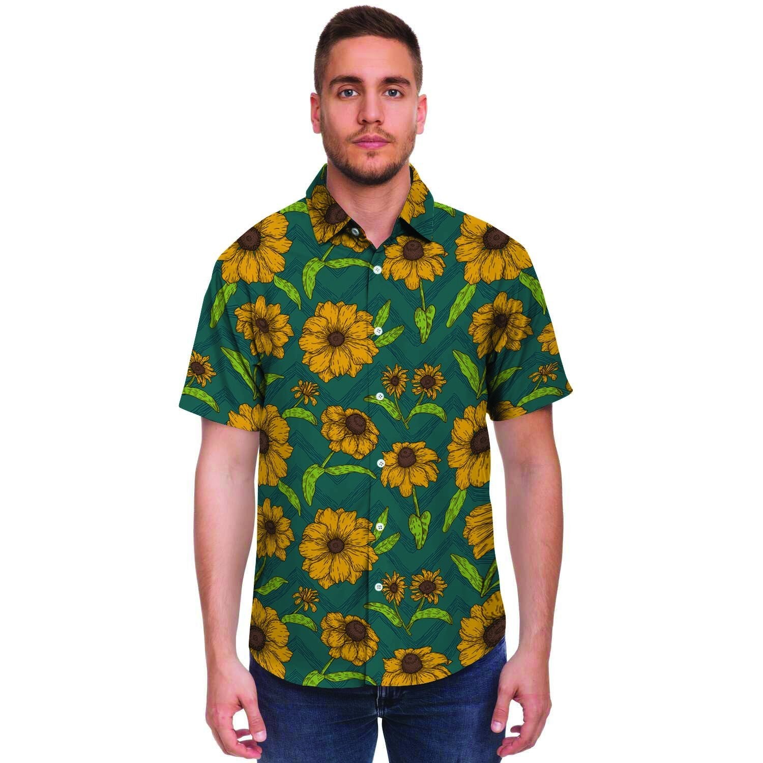 Green Zigzag Sunflower Men's Short Sleeve Shirt-grizzshop