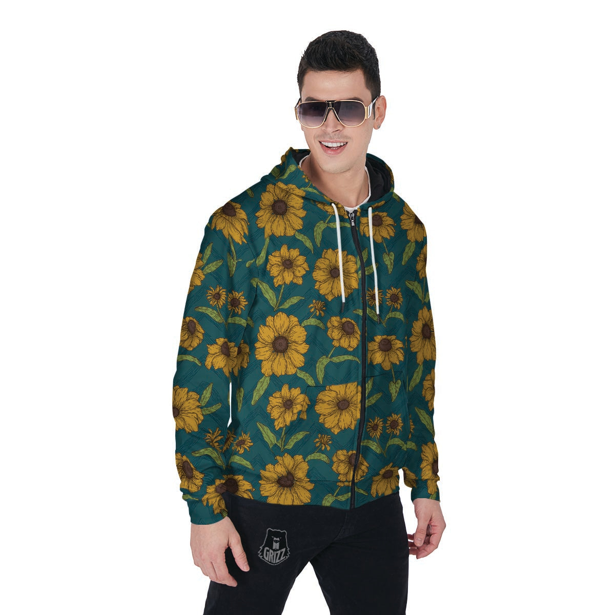 Green Zigzag Sunflower Men's Zip Up Hoodie-grizzshop