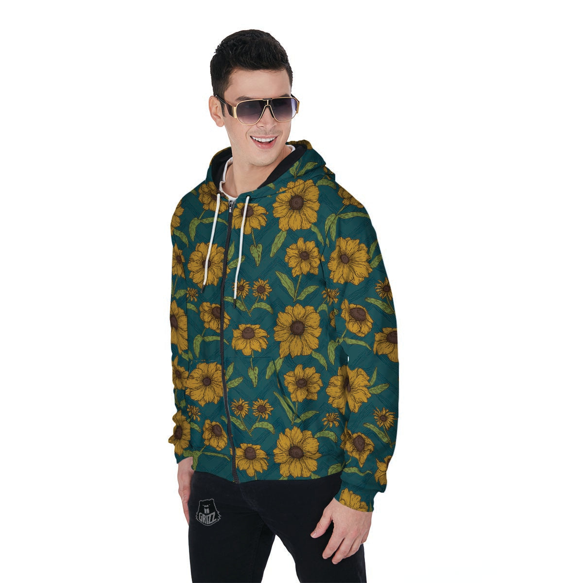 Green Zigzag Sunflower Men's Zip Up Hoodie-grizzshop