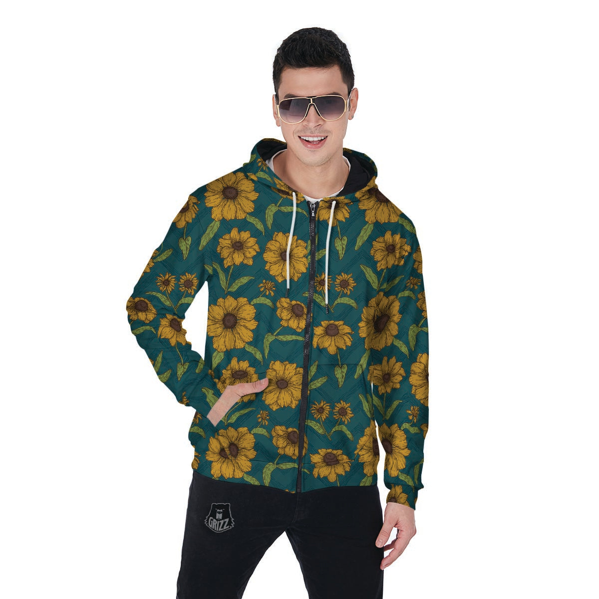 Green Zigzag Sunflower Men's Zip Up Hoodie-grizzshop