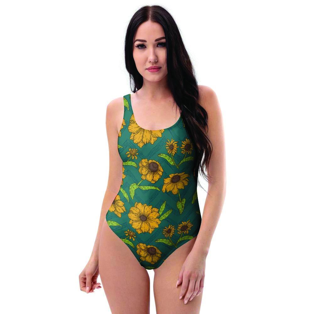 Green Zigzag Sunflower One Piece Swimsuite-grizzshop