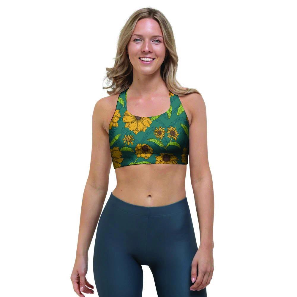 Green Zigzag Sunflower Sports Bra-grizzshop