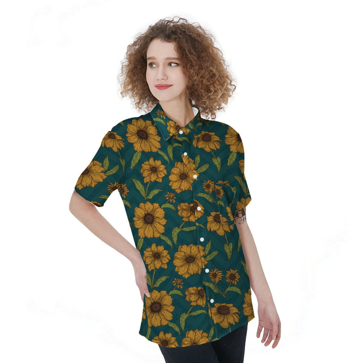 Green Zigzag Sunflower Women's Short Sleeve Shirts-grizzshop