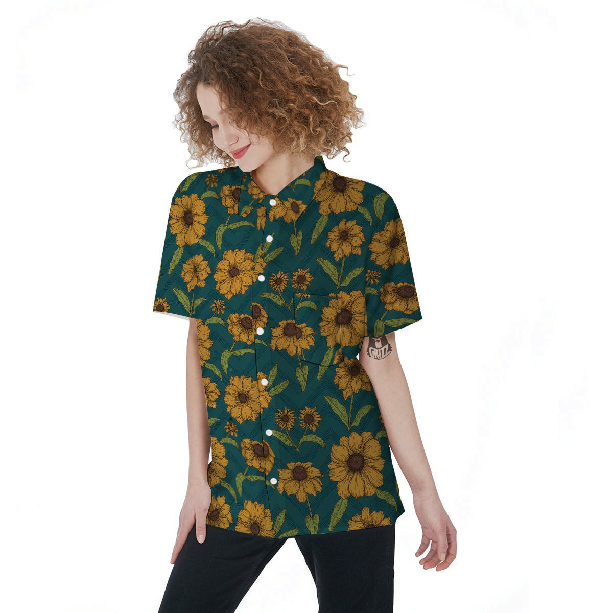 Green Zigzag Sunflower Women's Short Sleeve Shirts-grizzshop