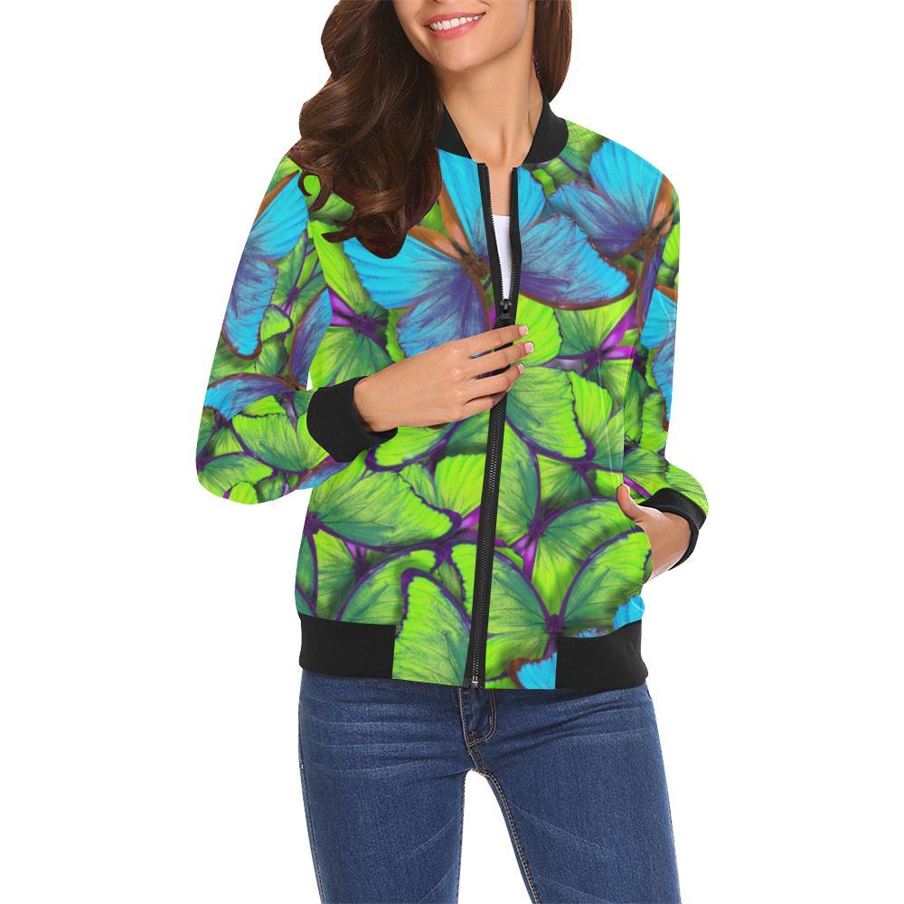 Green Blue Butterfly Pattern Print Women Casual Bomber Jacket-grizzshop