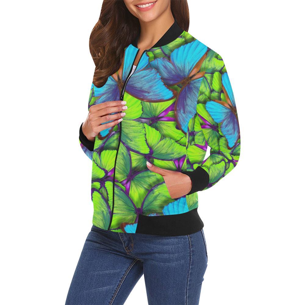 Green Blue Butterfly Pattern Print Women Casual Bomber Jacket-grizzshop