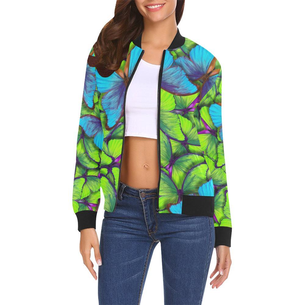 Green Blue Butterfly Pattern Print Women Casual Bomber Jacket-grizzshop