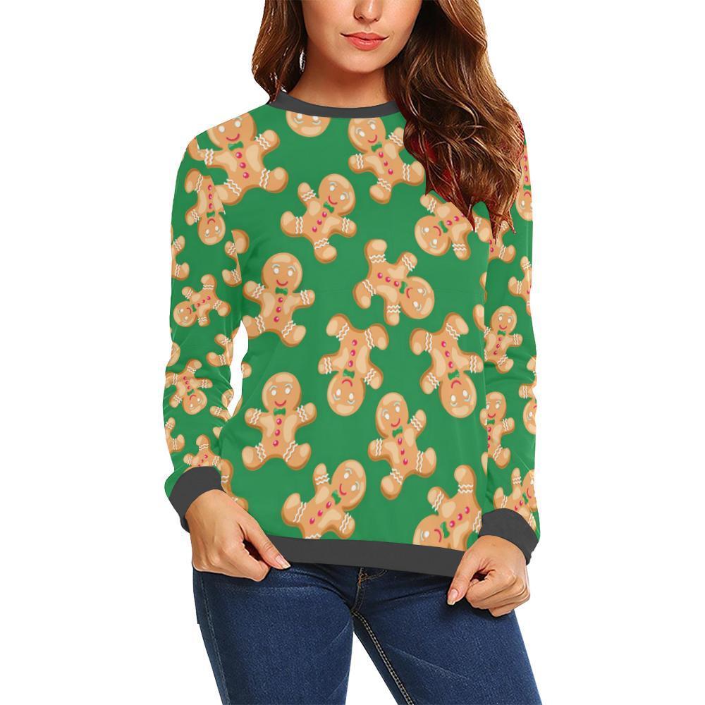 Green Gingerbread Man Chirstmas Pattern Print Women's Sweatshirt-grizzshop