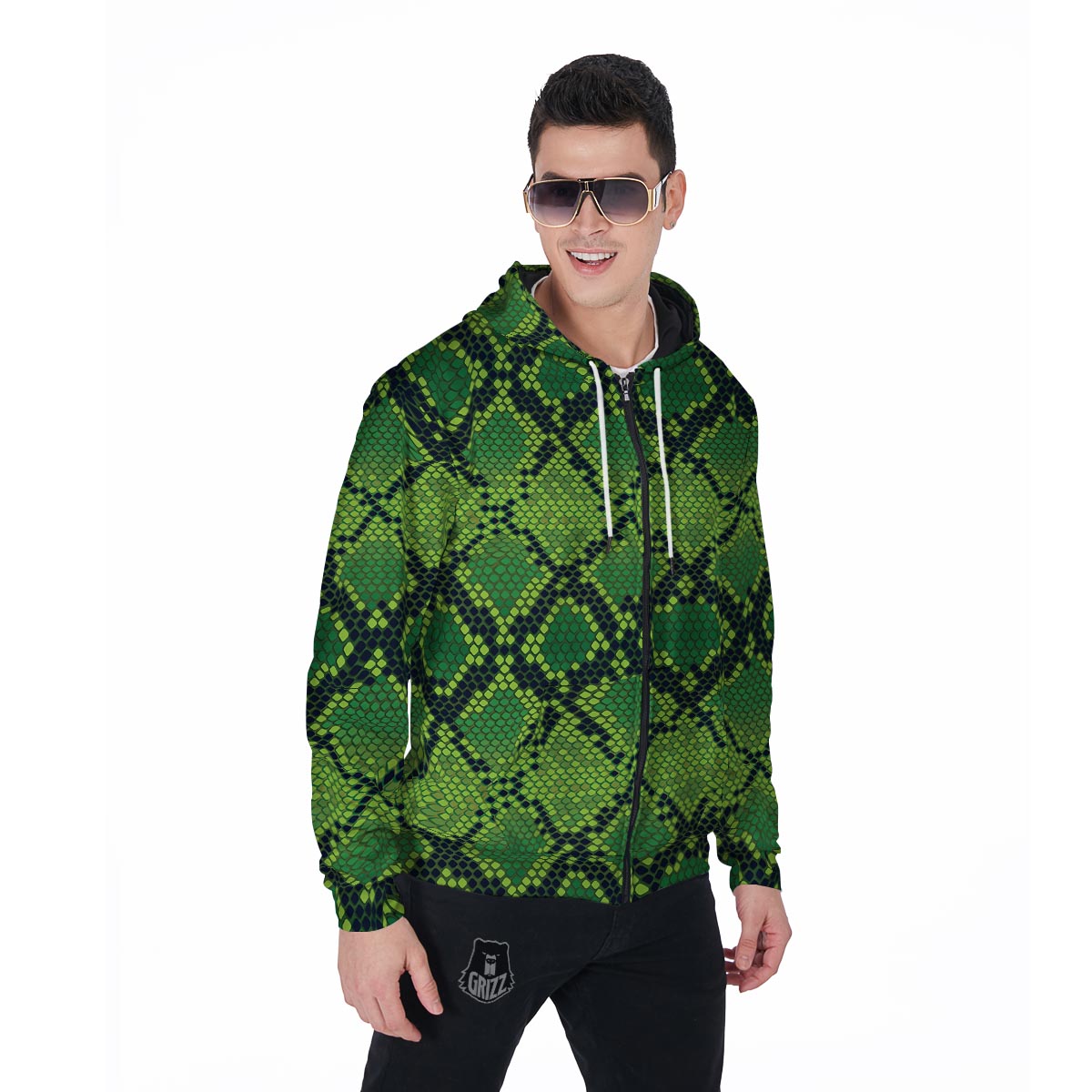 Green Snakeskin print Men's Zip Up Hoodie-grizzshop