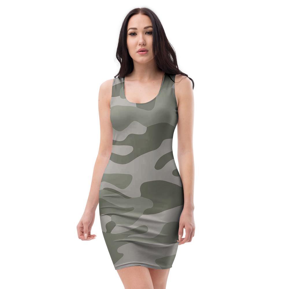 Grey And Green Camouflage Print Bodycon Dress-grizzshop