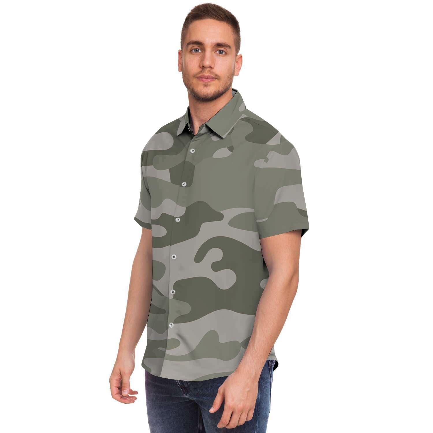 Grey And Green Camouflage Print Men's Short Sleeve Shirt-grizzshop