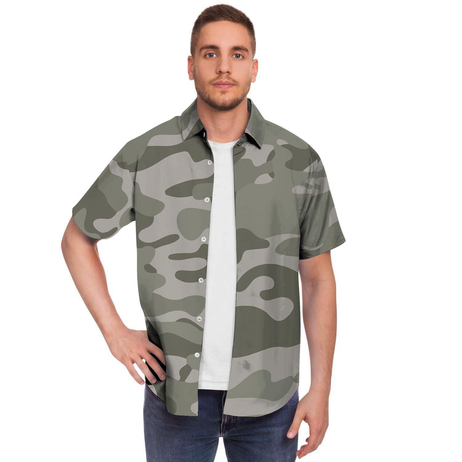 Grey And Green Camouflage Print Men's Short Sleeve Shirt-grizzshop