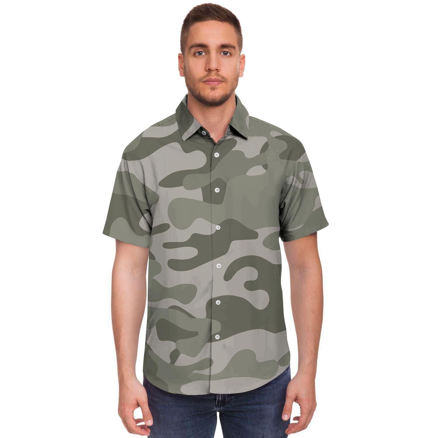 Grey And Green Camouflage Print Men's Short Sleeve Shirt-grizzshop