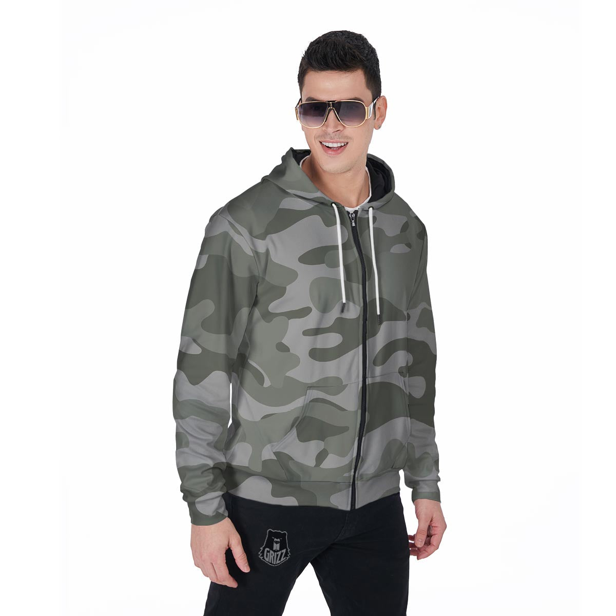 Grey And Green Camouflage Print Men's Zip Up Hoodie-grizzshop