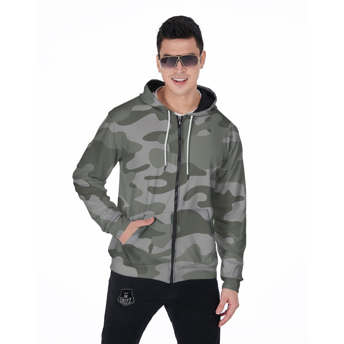 Grey And Green Camouflage Print Men's Zip Up Hoodie-grizzshop