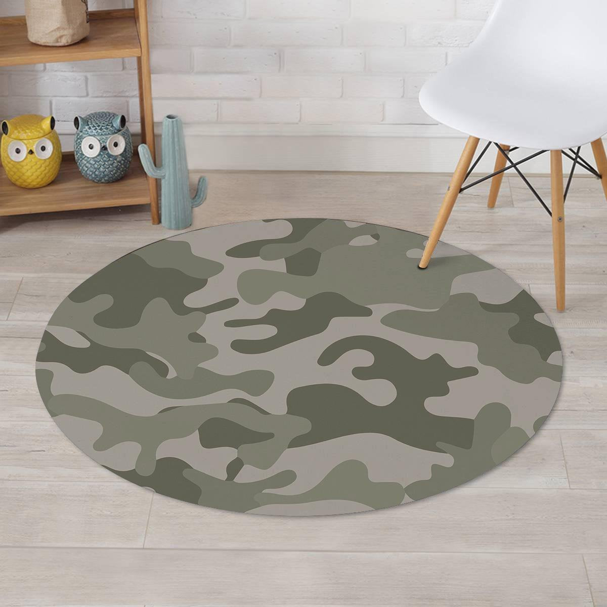 Grey And Green Camouflage Print Round Rug-grizzshop