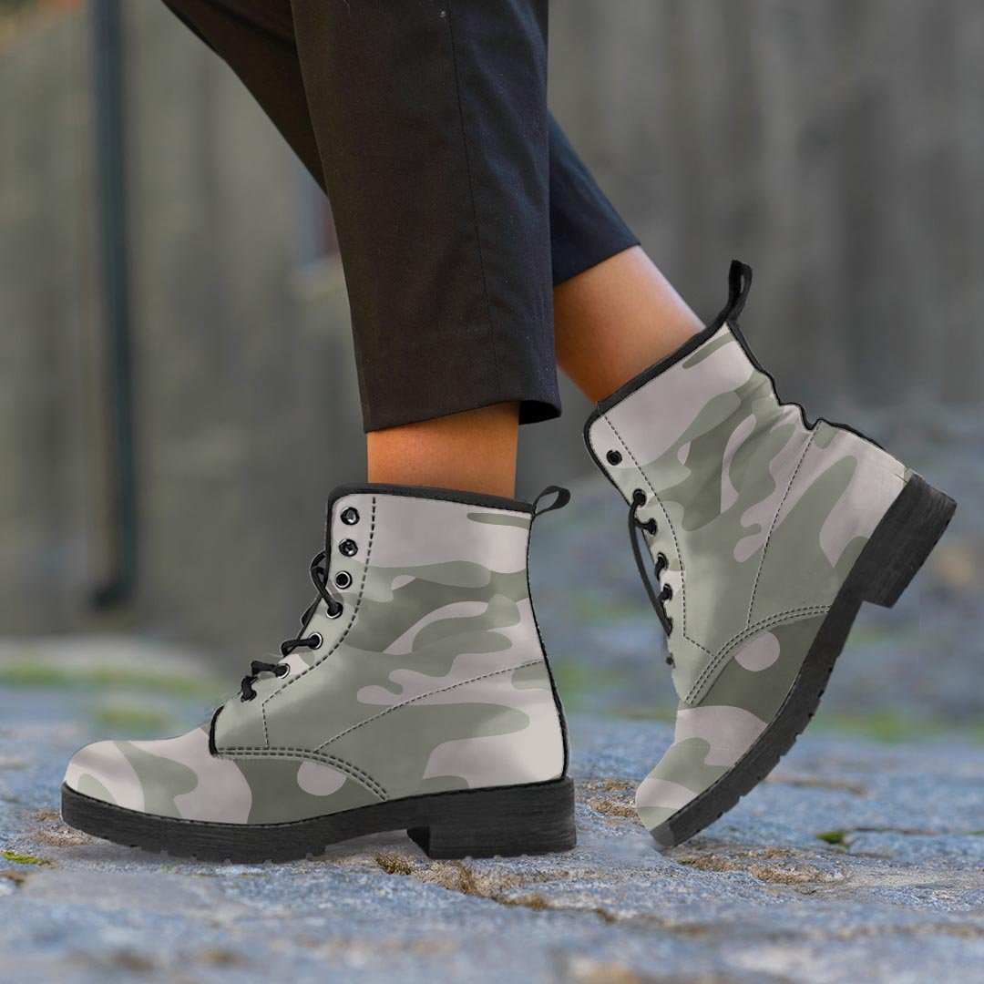 Grey And Green Camouflage Print Women's Boots-grizzshop