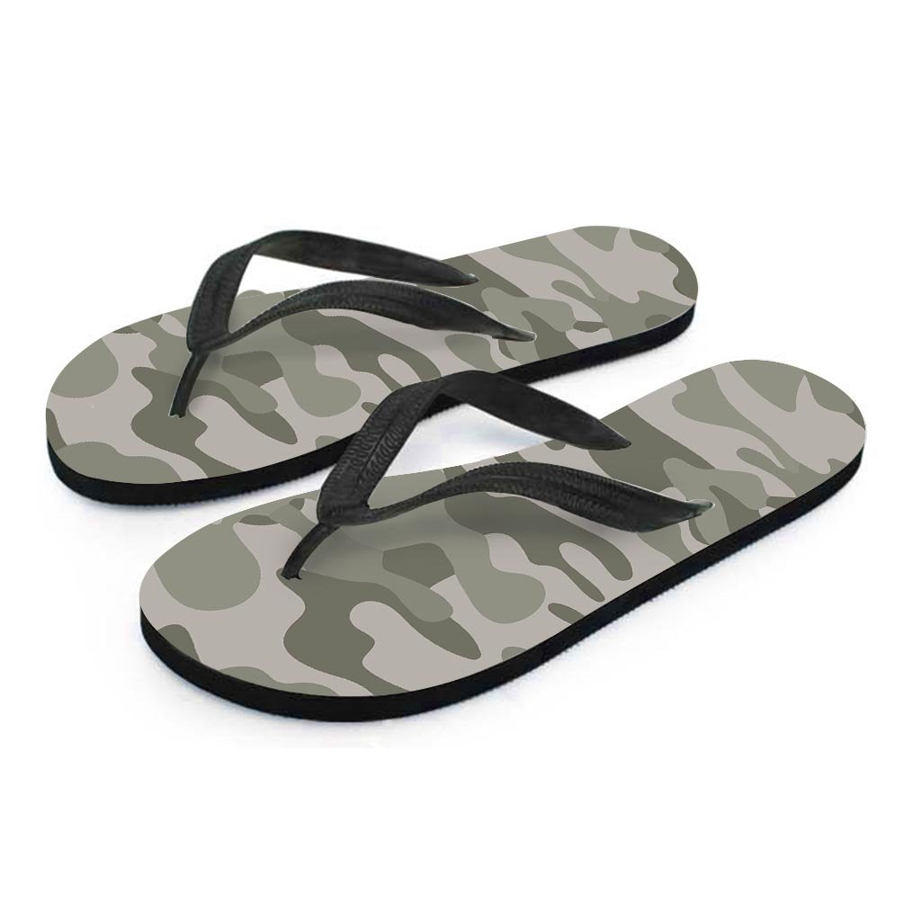 Grey And Green Camouflage Print Women's Flip Flops-grizzshop
