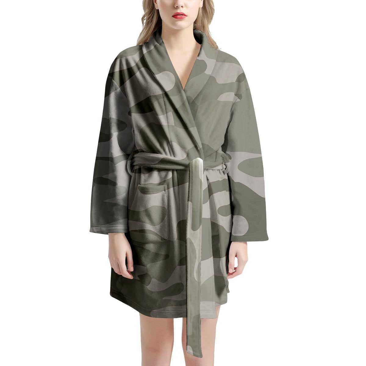 Grey And Green Camouflage Print Women's Robe-grizzshop