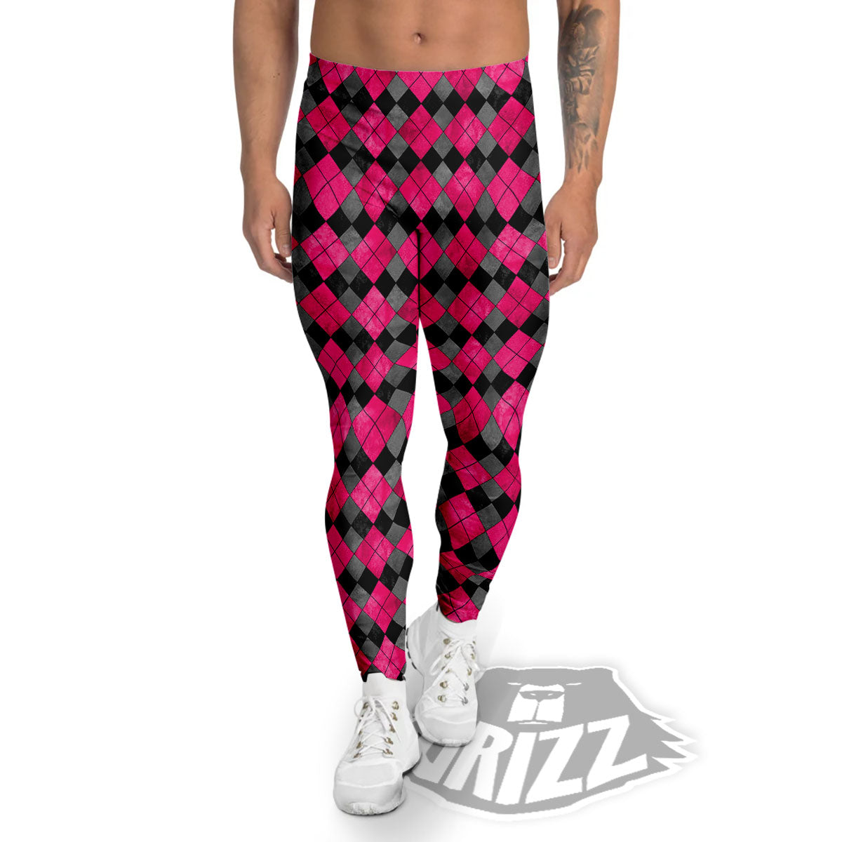 Grey Black And Purple Argyle Print Men's Leggings-grizzshop