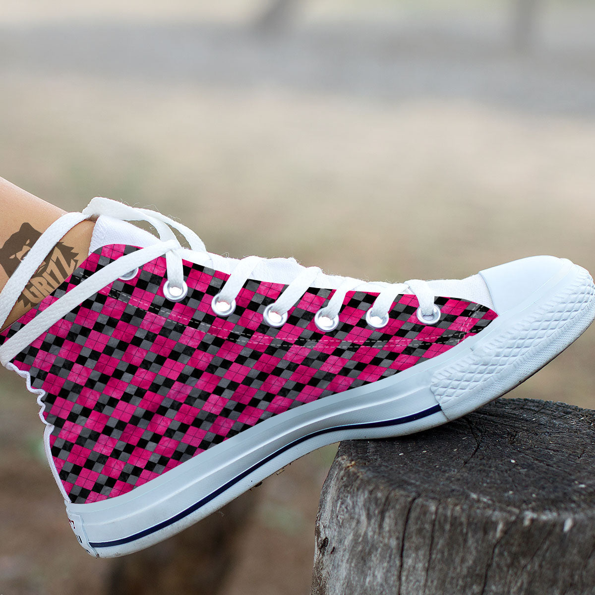 Grey Black And Purple Argyle Print White High Top Shoes-grizzshop