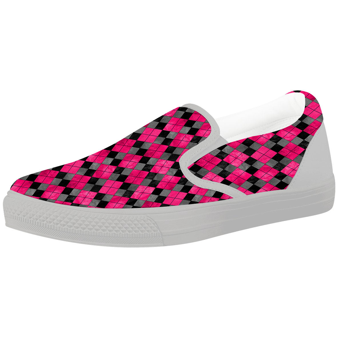 Grey Black And Purple Argyle Print White Slip On Shoes-grizzshop