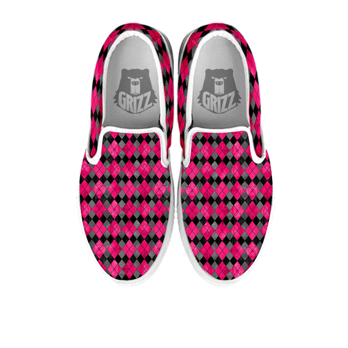 Grey Black And Purple Argyle Print White Slip On Shoes-grizzshop