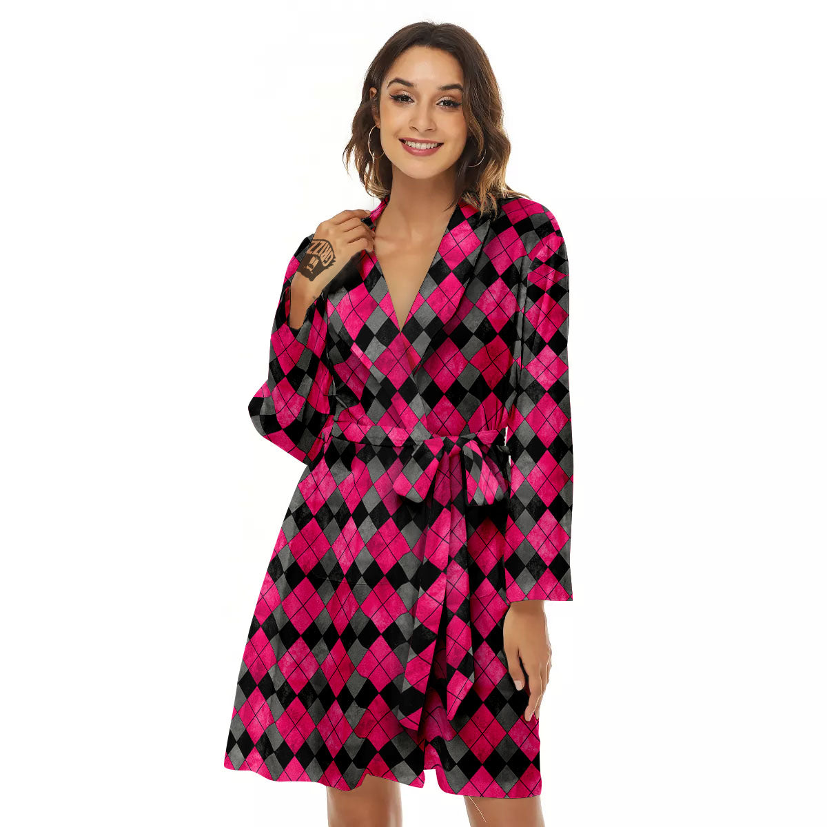 Grey Black And Purple Argyle Print Women's Robe-grizzshop