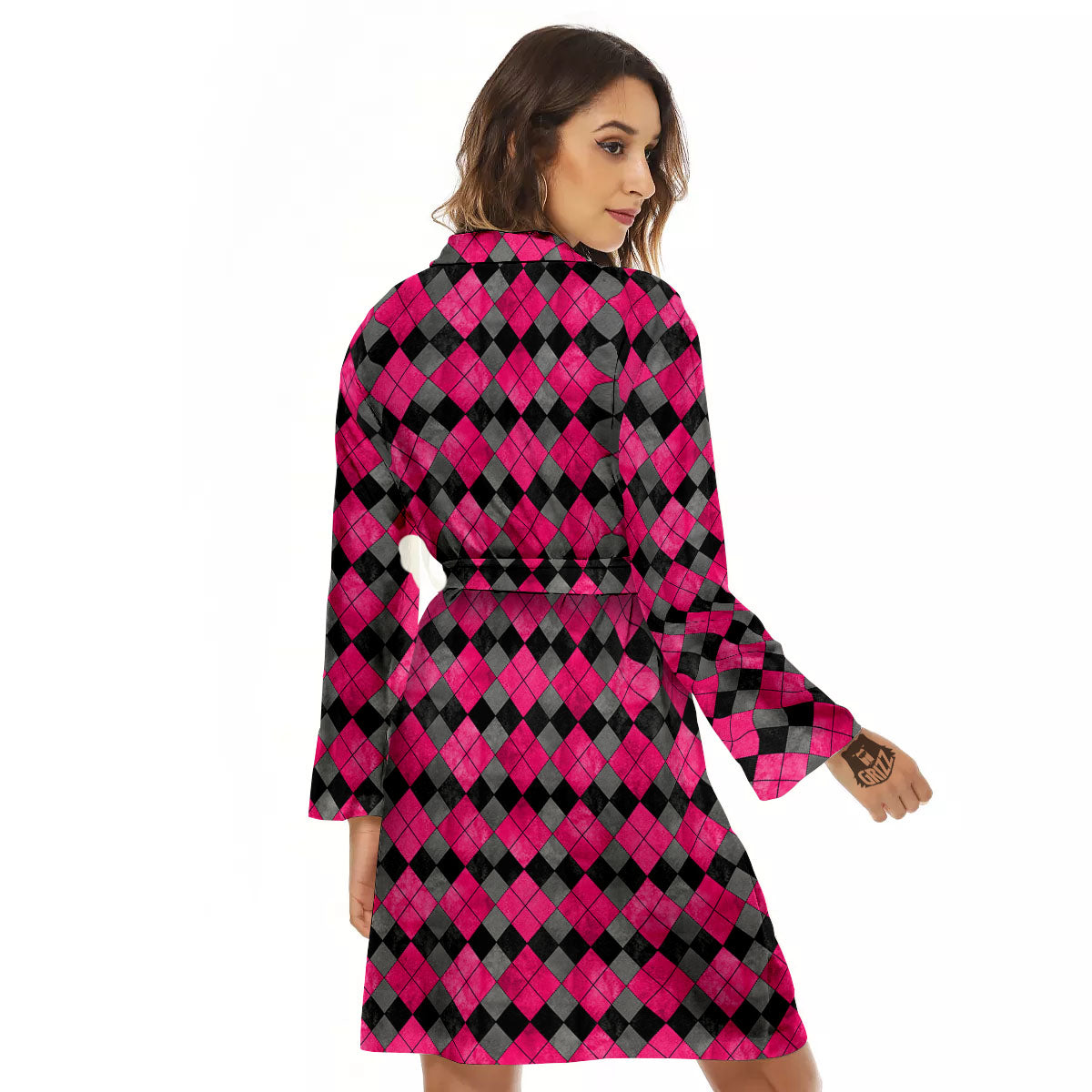 Grey Black And Purple Argyle Print Women's Robe-grizzshop