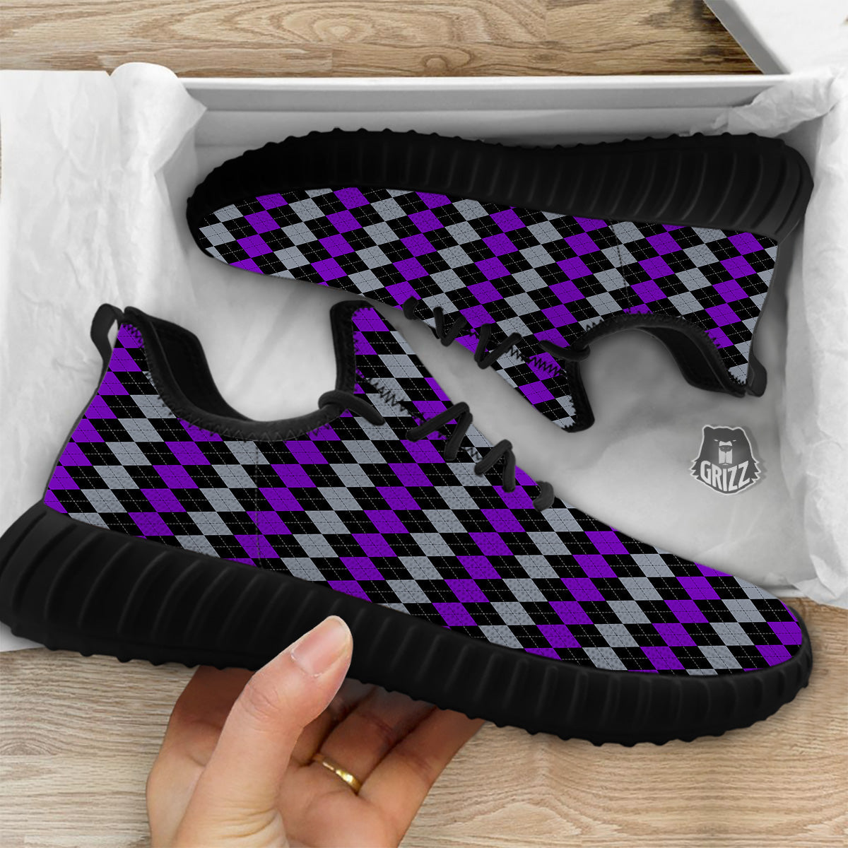 Grey Black And Violet Argyle Print Black Walking Shoes-grizzshop
