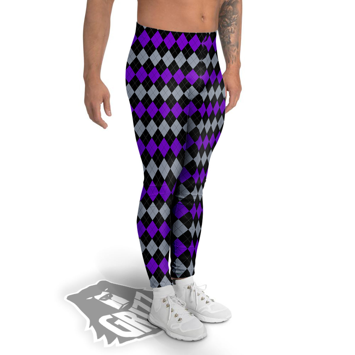 Grey Black And Violet Argyle Print Men's Leggings-grizzshop