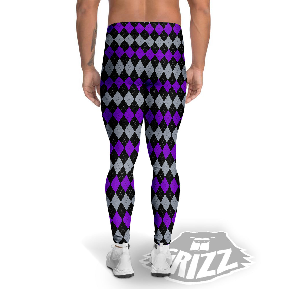 Grey Black And Violet Argyle Print Men's Leggings-grizzshop