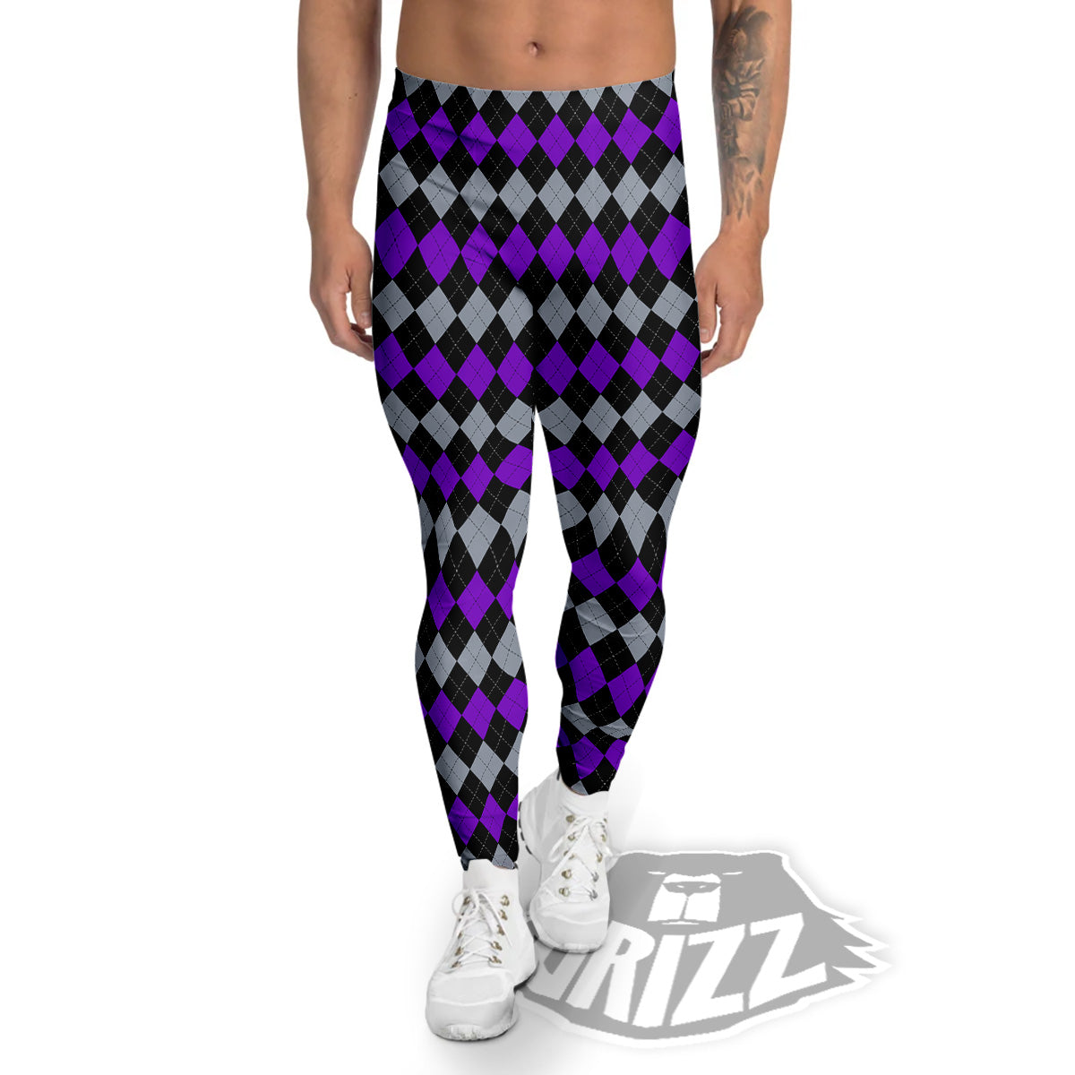 Grey Black And Violet Argyle Print Men's Leggings-grizzshop