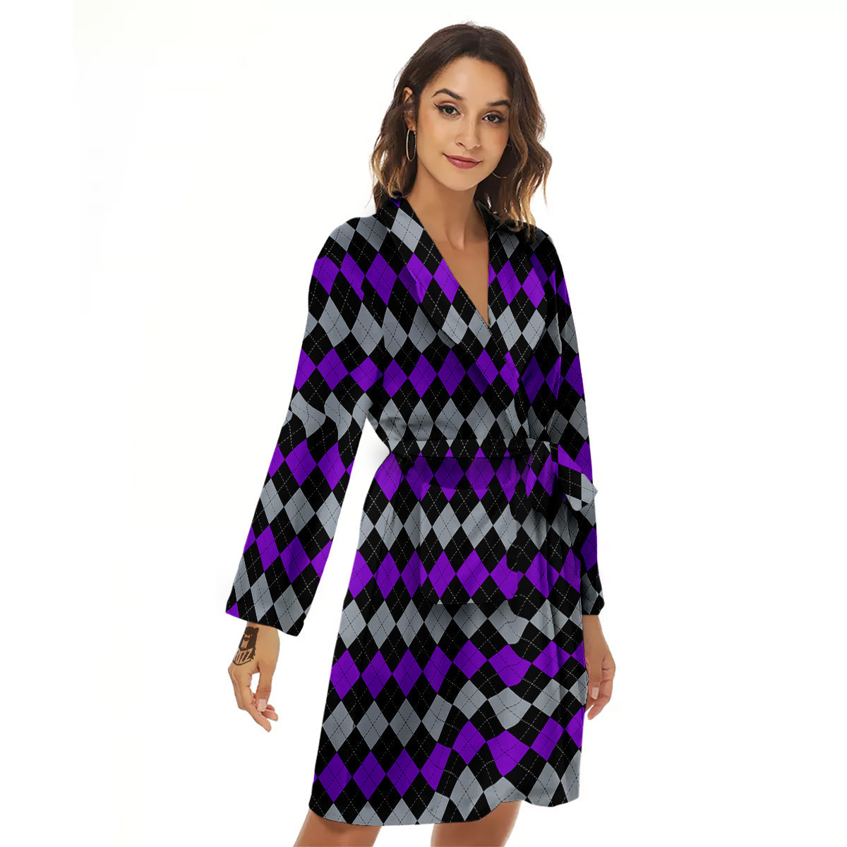 Grey Black And Violet Argyle Print Women's Robe-grizzshop