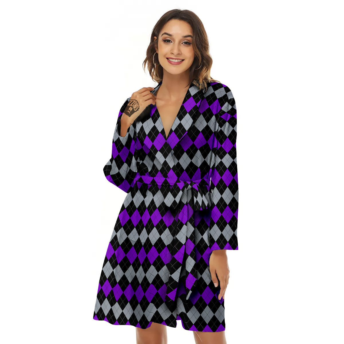 Grey Black And Violet Argyle Print Women's Robe-grizzshop