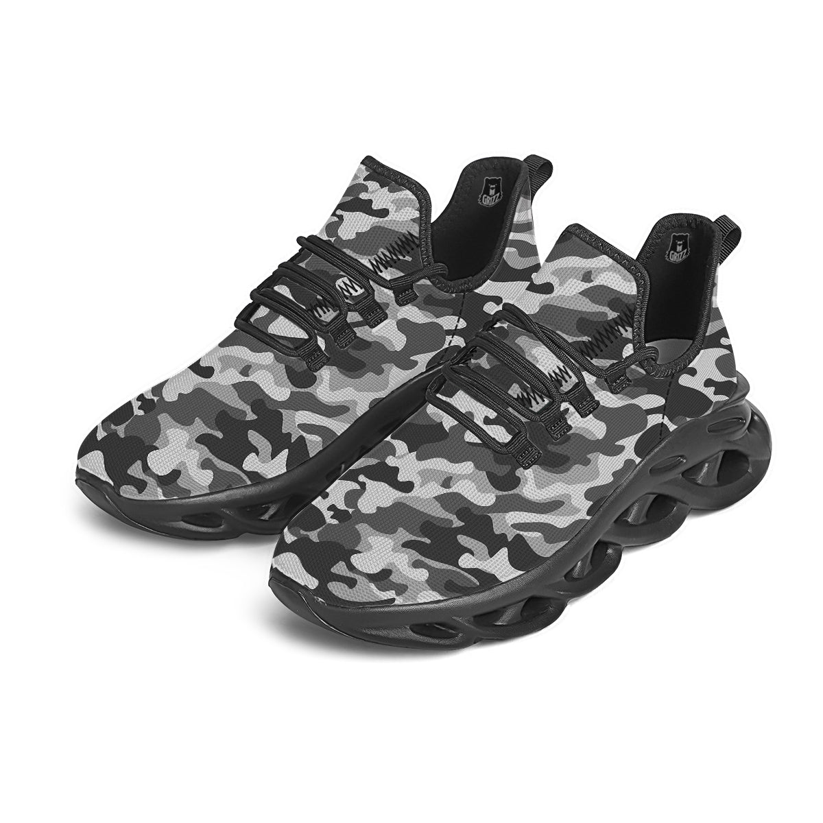 Grey Camo And Camouflage Print Black Running Shoes-grizzshop