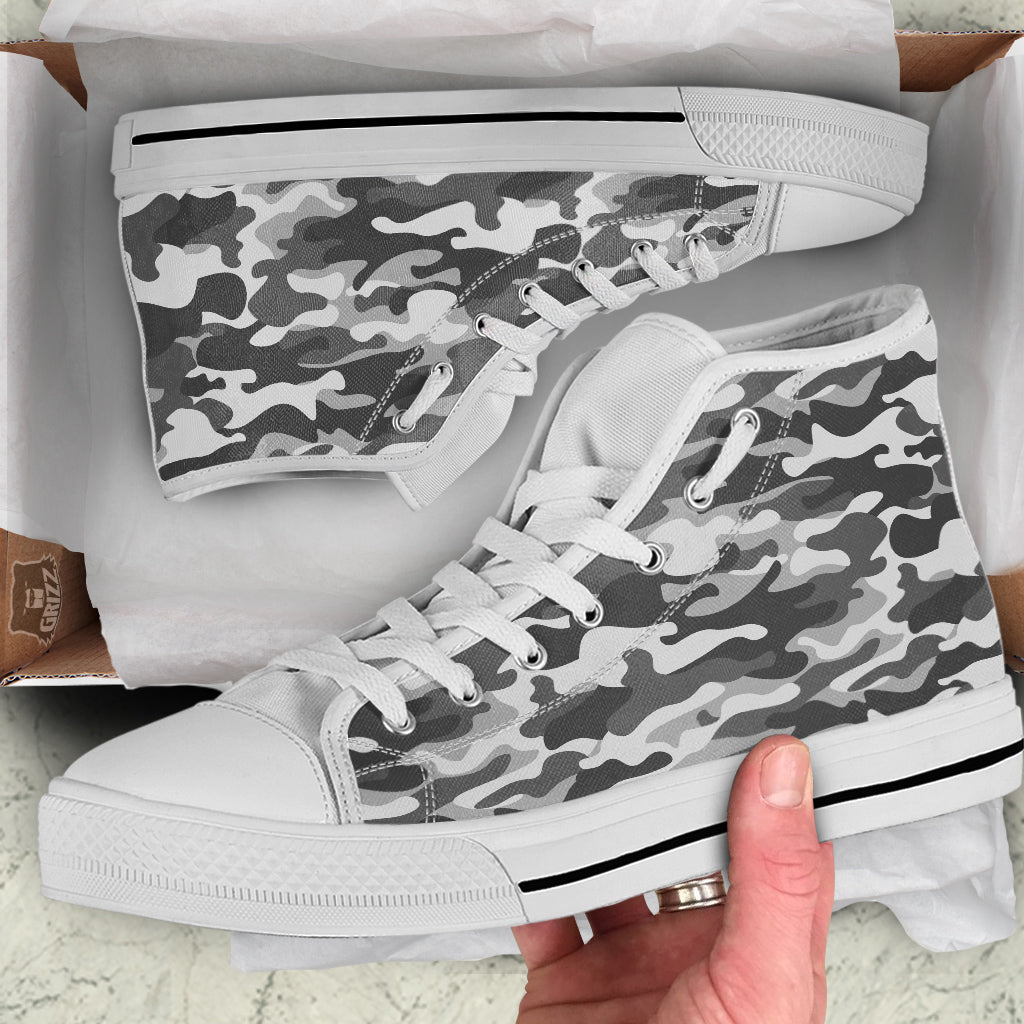 Grey Camo And Camouflage Print White High Top Shoes-grizzshop