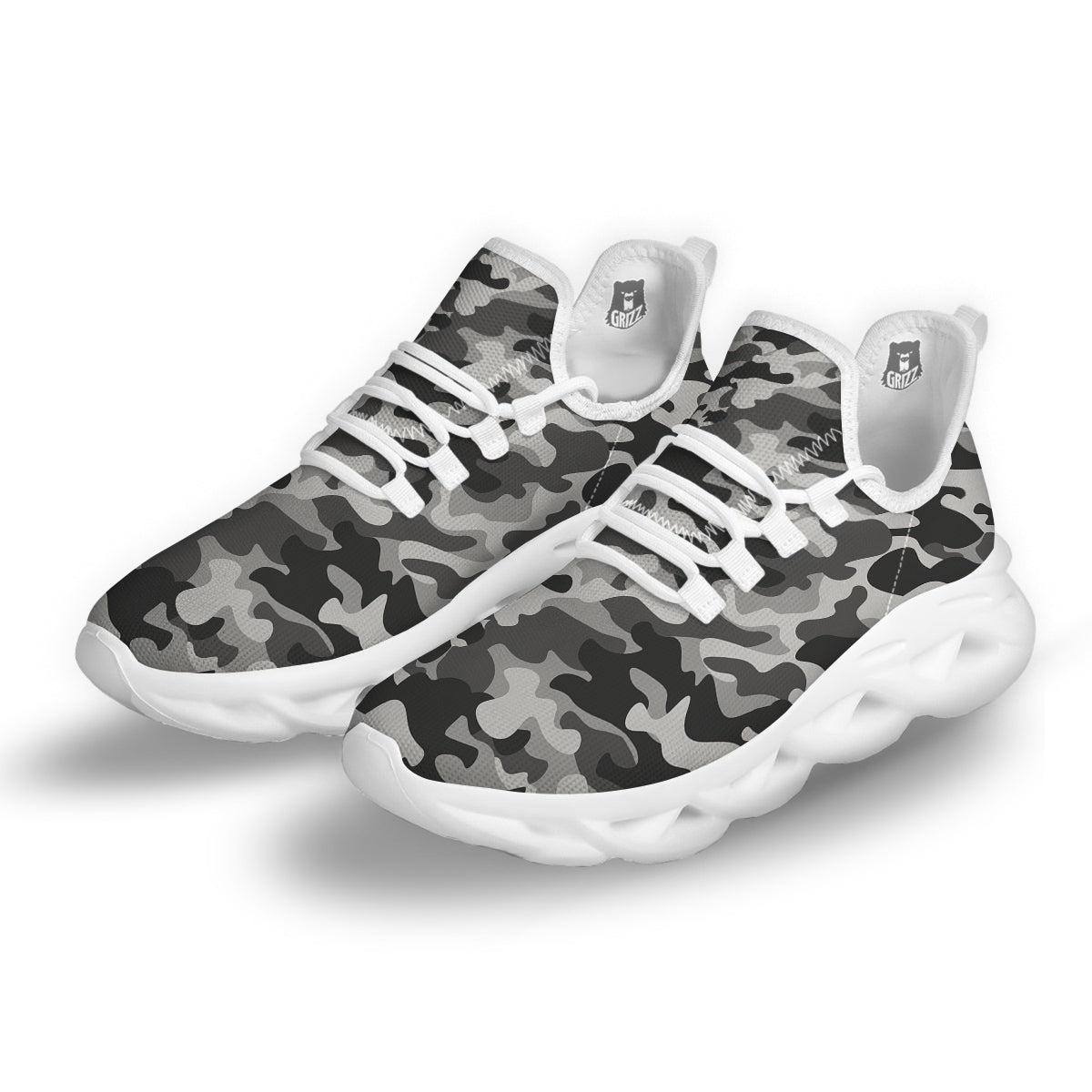 Grey Camo And Camouflage Print White Running Shoes-grizzshop