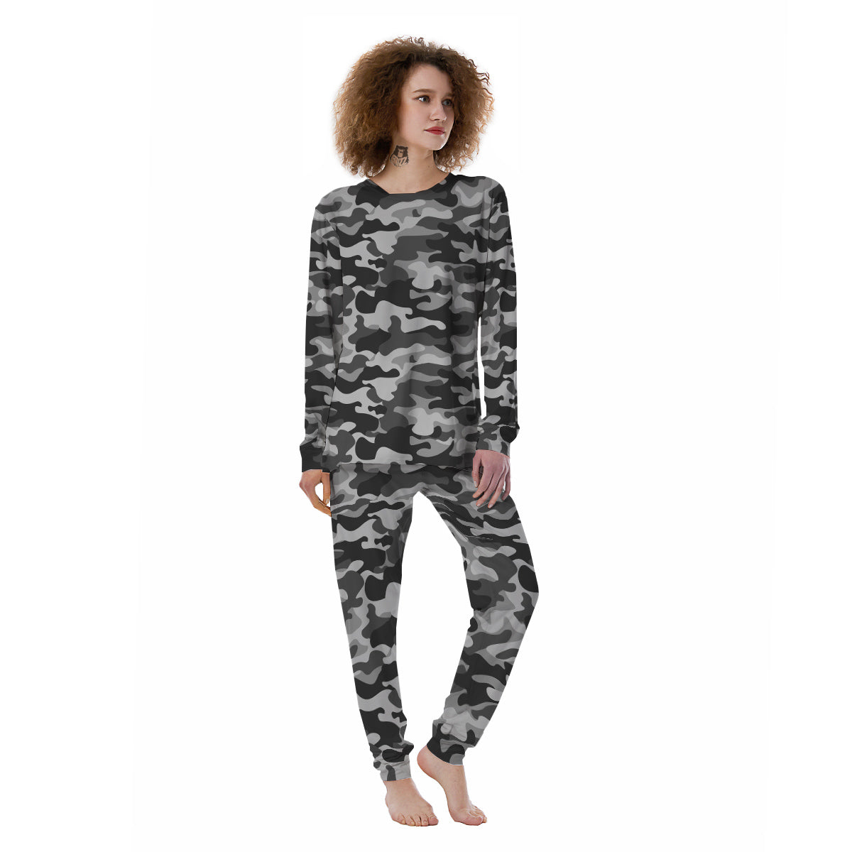 Grey Camo And Camouflage Print Women's Pajamas-grizzshop